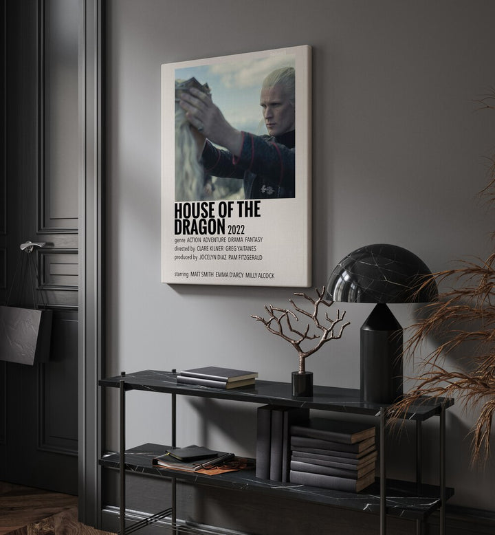 HOUSE OF THE DRAGON 2022 II MOVIE POSTERS in Gallery Wrap hanging on wall above console table beside door