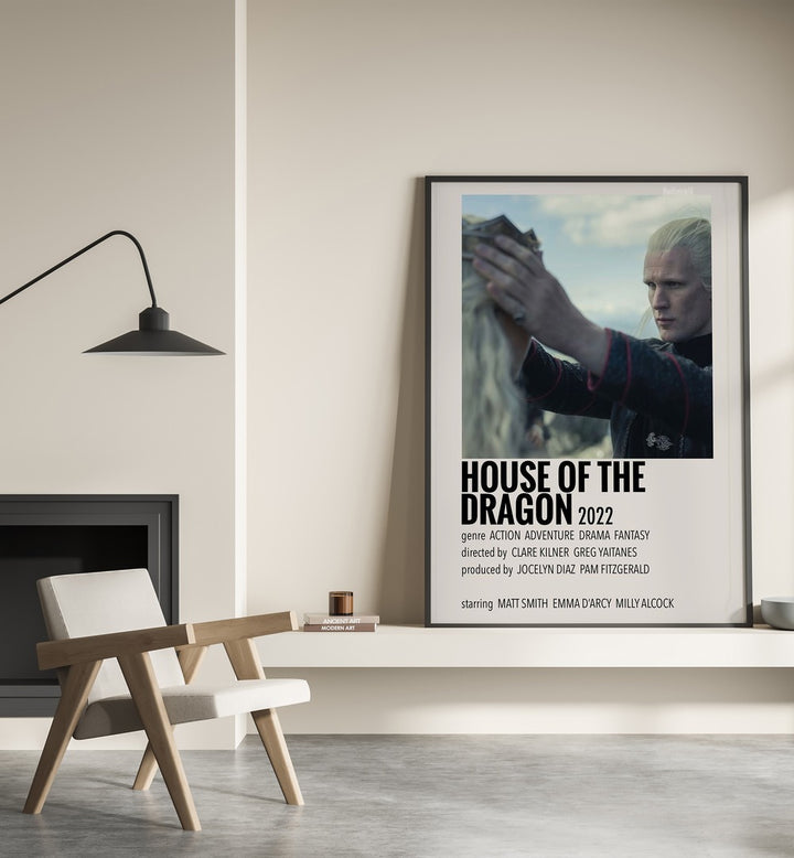 HOUSE OF THE DRAGON 2022 II MOVIE POSTERS in Black Plain Frame placed on wall beside chair and lamp