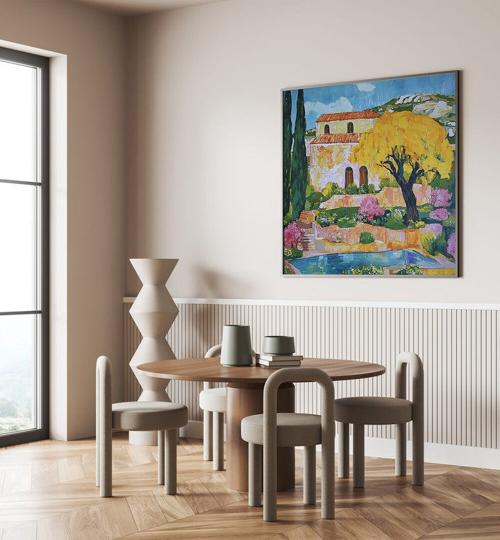 Stylish dining area in the HOUSE BY THE POOL, showcasing elegant decor and serene outdoor views.
