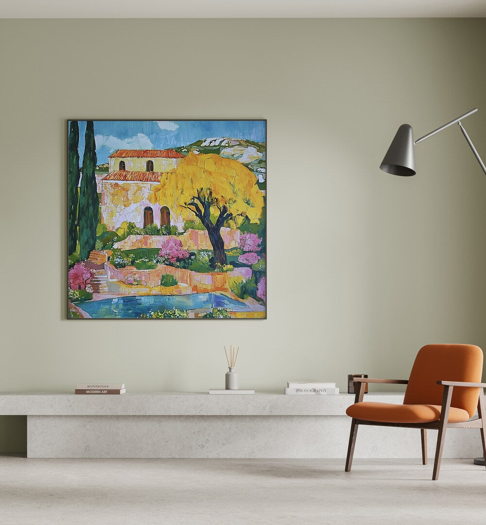 Vibrant artwork of a luxurious HOUSE BY THE POOL, showcasing outdoor elegance and tranquil living.