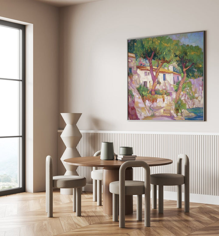 Beautiful dining area featuring the HOUSE BY THE SEA artwork, capturing the essence of coastal tranquility.
