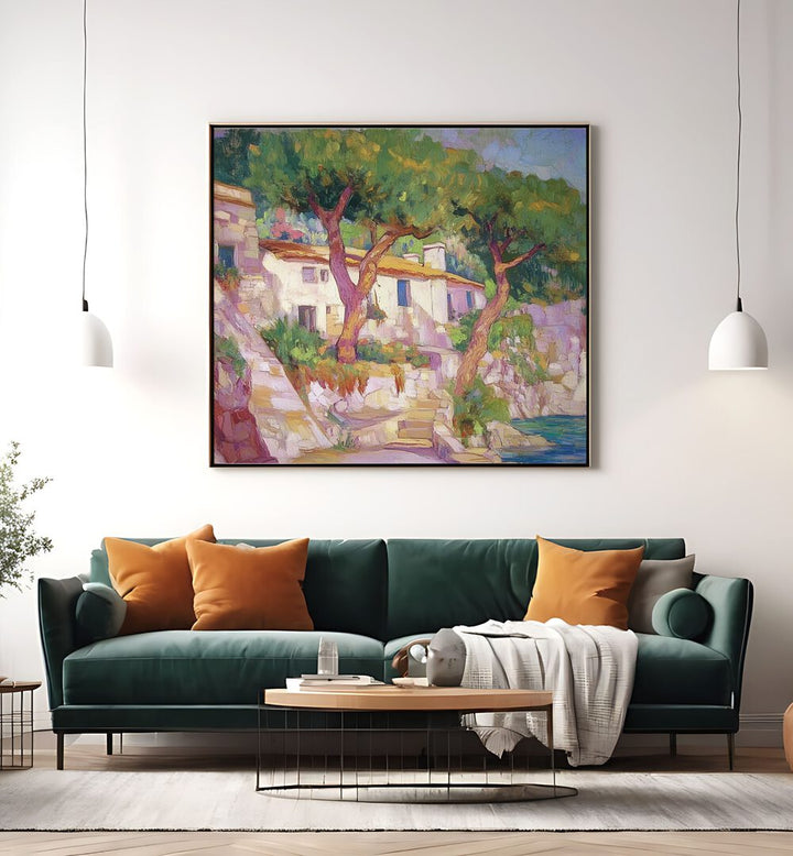 Cozy living room featuring the HOUSE BY THE SEA artwork, capturing serene coastal vibes and modern elegance.