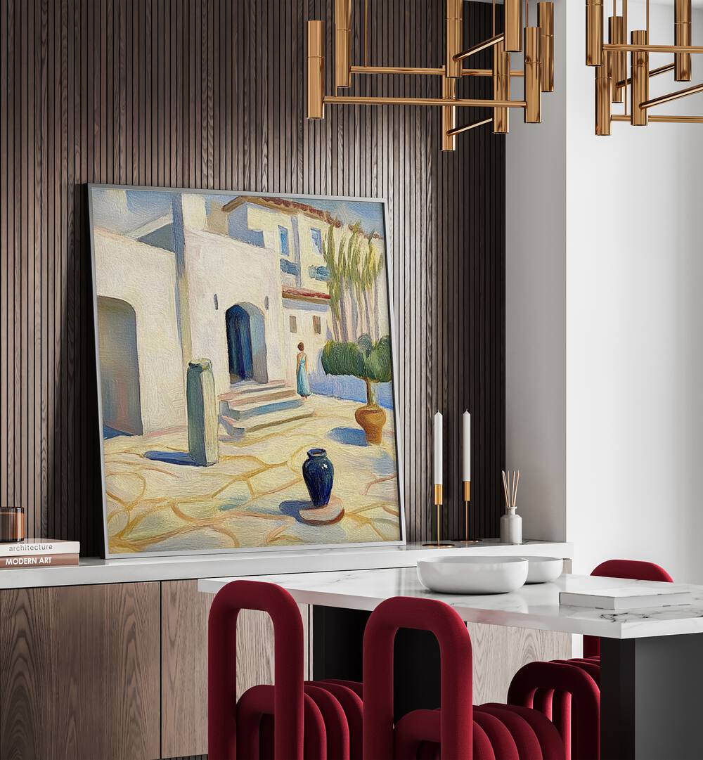 Modern decor featuring a painting of a charming HOUSE IN SPAIN MALLORCA, capturing Mediterranean elegance and allure.