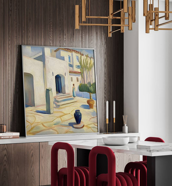 Modern decor featuring a painting of a charming HOUSE IN SPAIN MALLORCA, capturing Mediterranean elegance and allure.