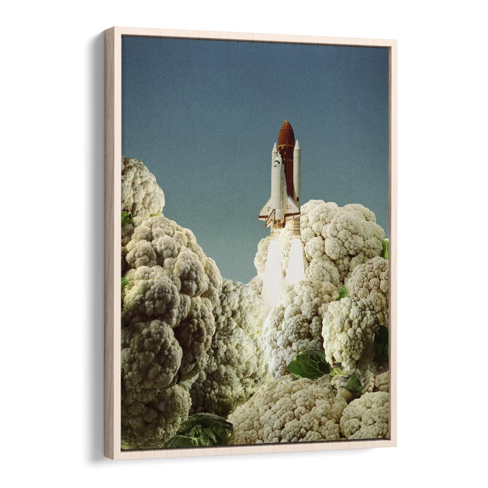 Houston We Have Cauliflower Rocket Take Off Surreal Art Artwork in Oak Wood Floater Frame