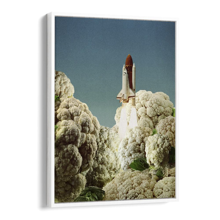 Houston We Have Cauliflower Rocket Take Off Surreal art painting Artwork in White Floater Frame
