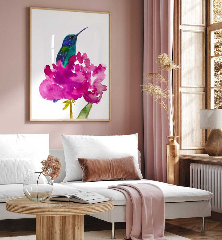 HUMMINGBIRD IN A PEONY , ANIMAL PAINTINGS