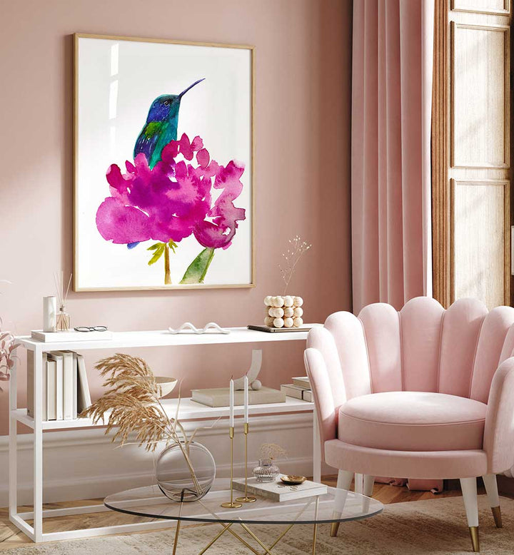 HUMMINGBIRD IN A PEONY , ANIMAL PAINTINGS