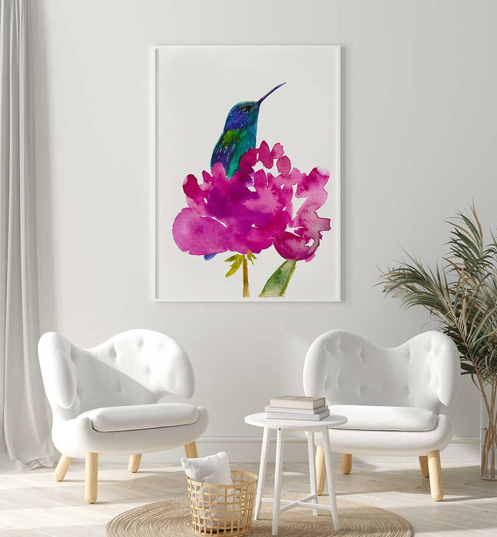 HUMMINGBIRD IN A PEONY , ANIMAL PAINTINGS