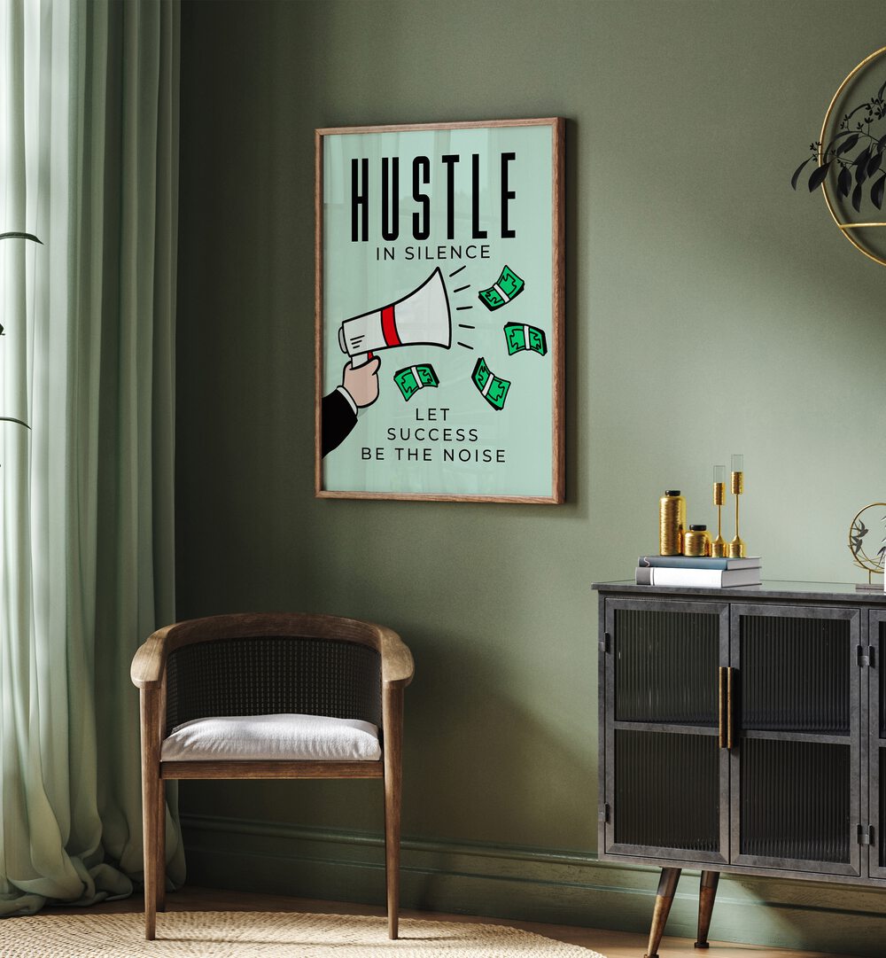 Huatle in Silence Money Art Artwork in plain oak wood frame hanging near window