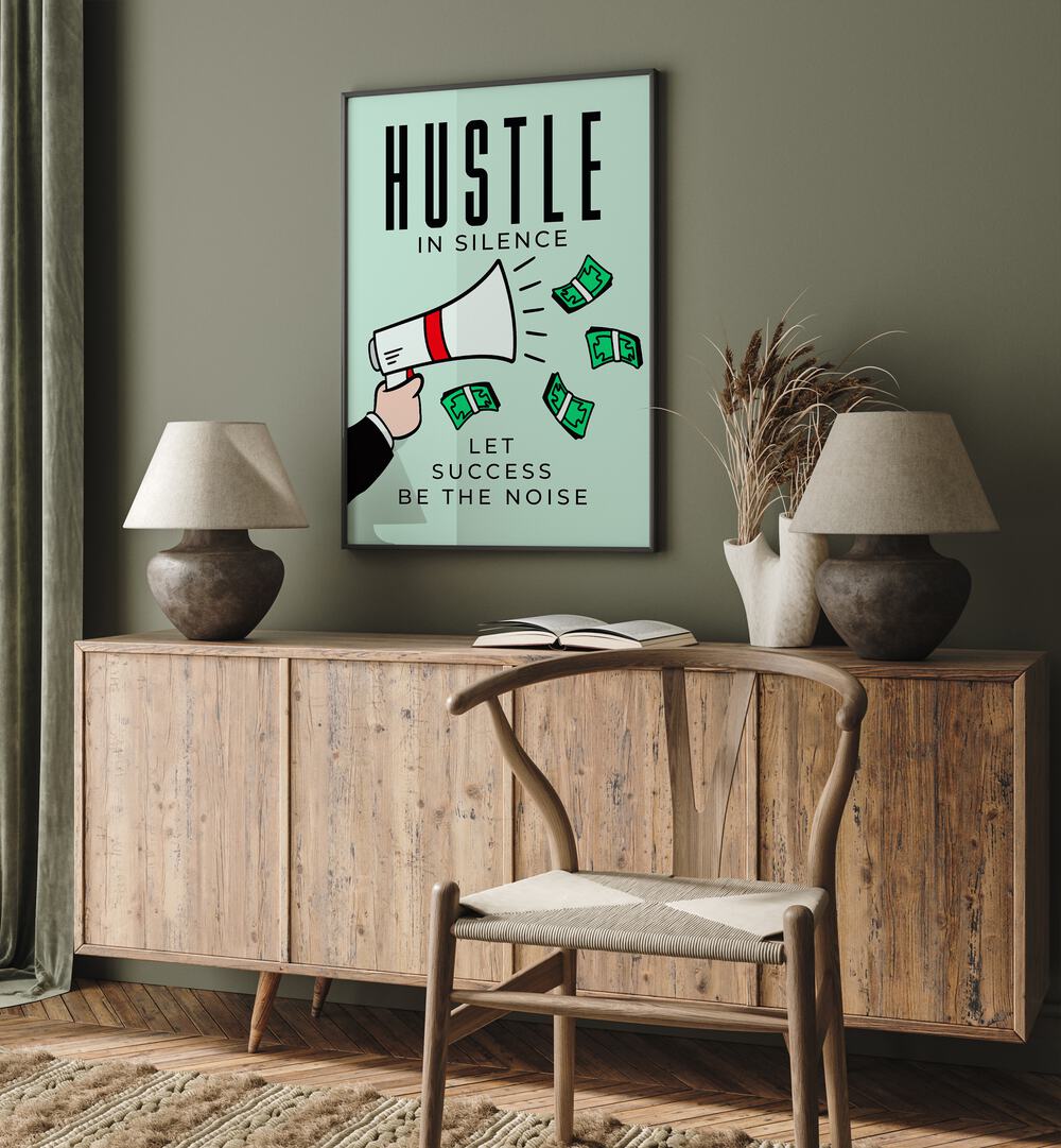 Hustle in Silence Money Art Artwork in black frame hanging above console table