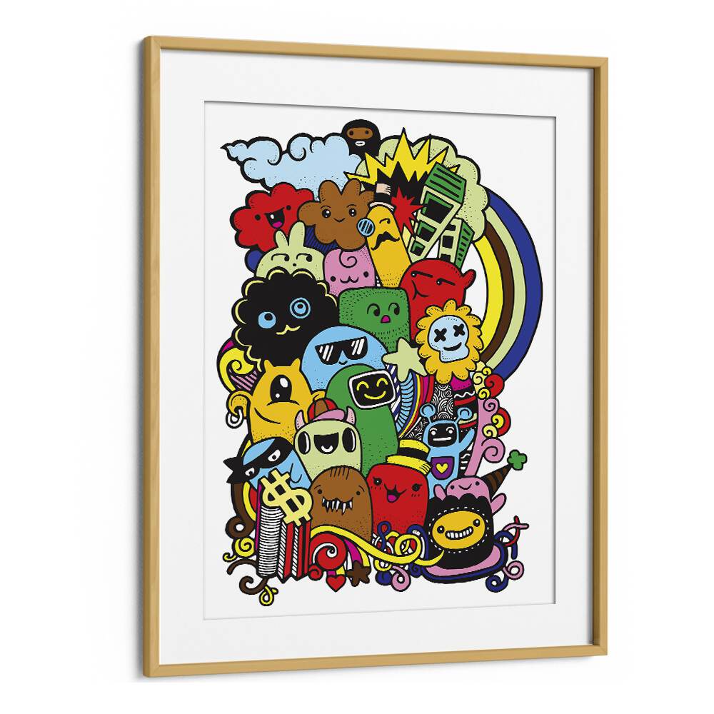 Hustling Doodle Art Artwork in Oak Wood Frame With Mount