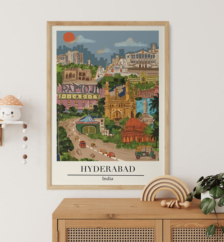 Vibrant HYDERABAD, TRAVEL POSTERS showcasing iconic landmarks, designed by Saumya Agarwal for unique wall art.