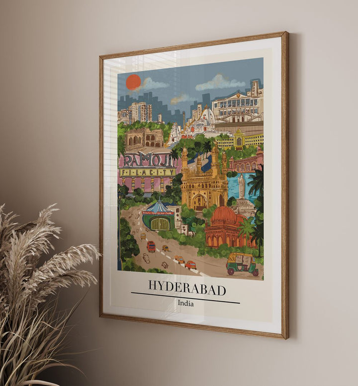 Hyderabad travel posters by Saumya Agarwal showcase the city's rich culture and historic charm in vibrant illustrations.