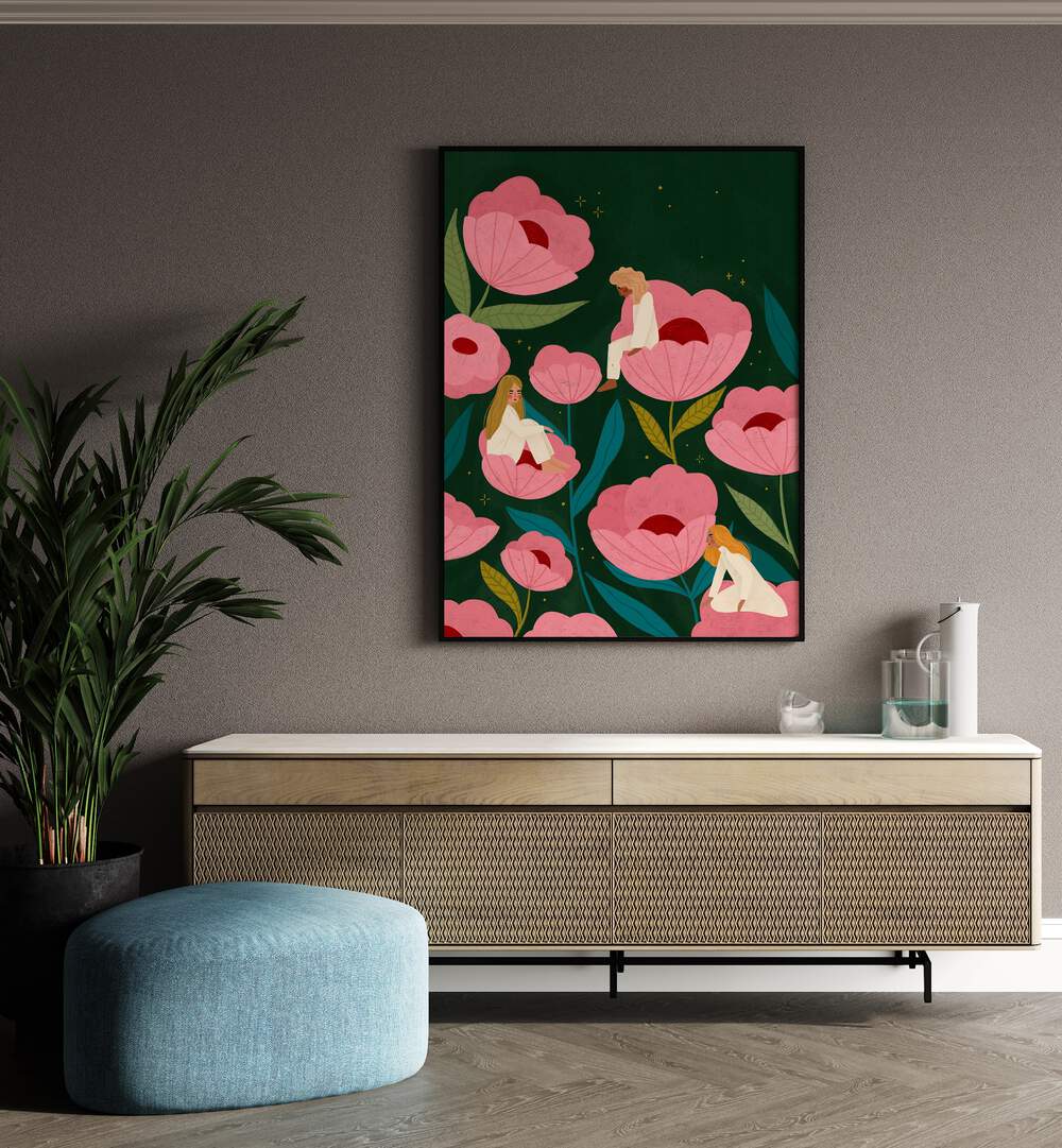 Habitat By Bea Muller Women Illustration Paintings in Black Plain Frame on a wall above a console table beside a plant