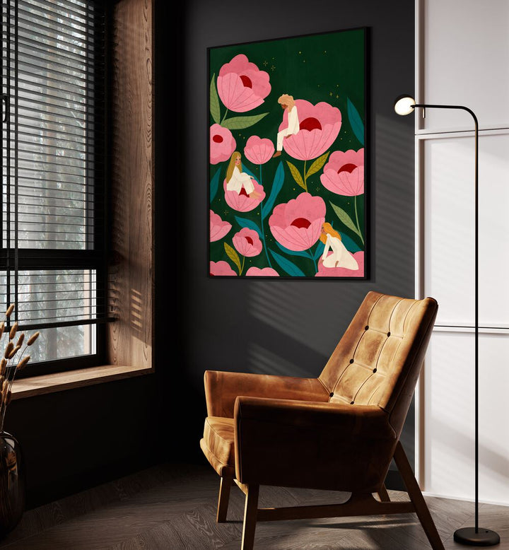 Habitat By Bea Muller Women Illustration Paintings in Black Plain Frame on a wall beside an orange sofa