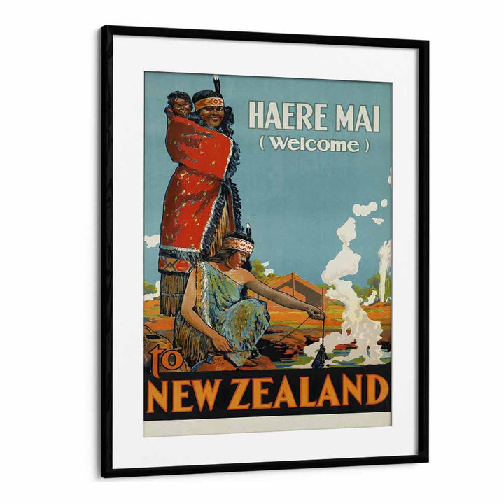 Haere Mai Welcome-to New Zealand  Travel Posters in Black Frame With Mount