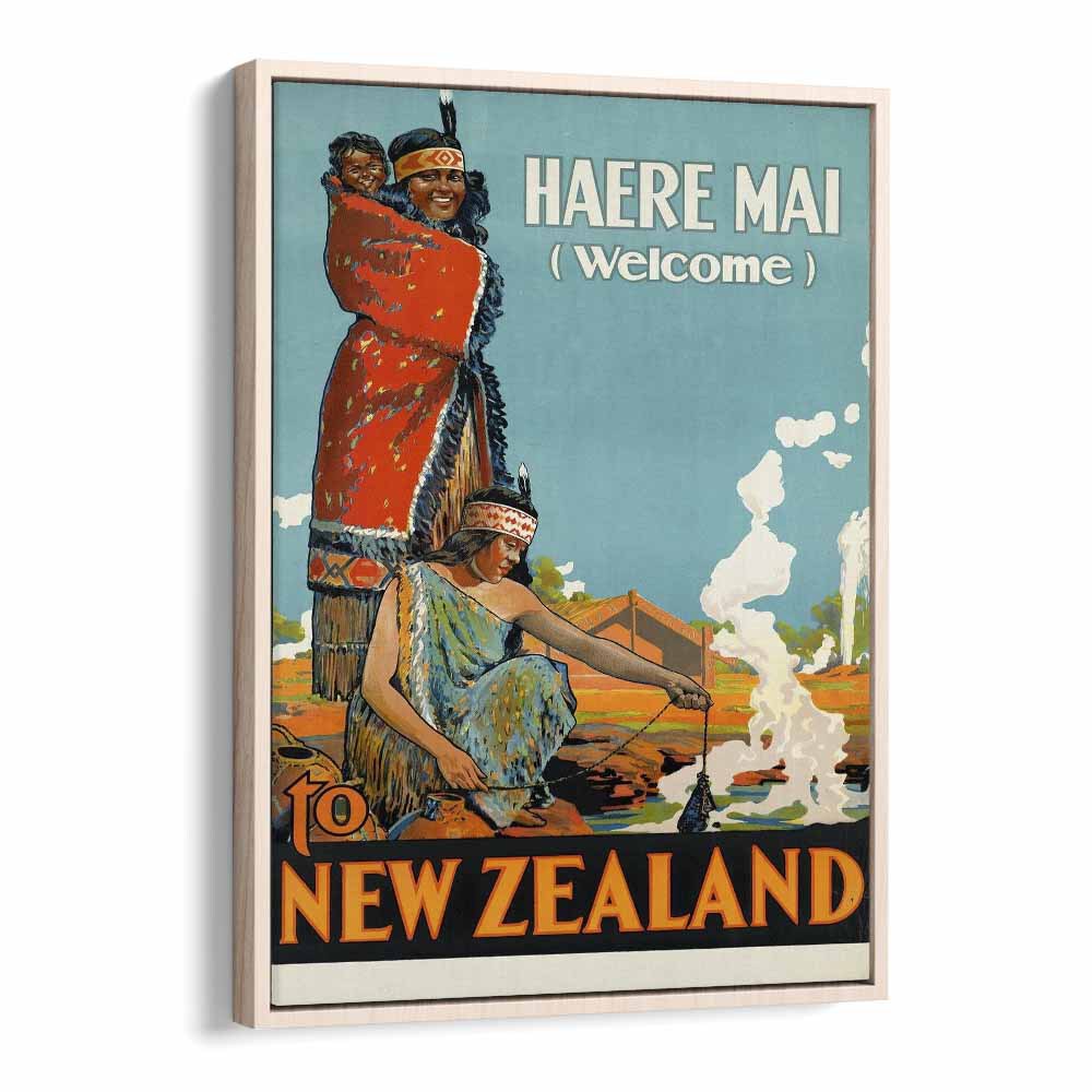 Haere Mai Welcome-to New Zealand  Travel Posters in Oak Wood Floater Frame