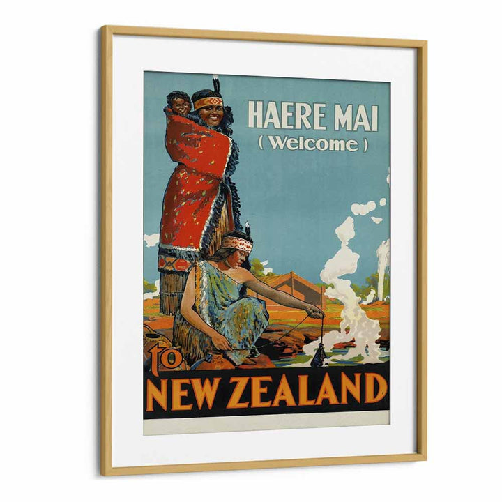 Haere Mai Welcome-to New Zealand  Travel Posters in Oak Wood Frame With Mount