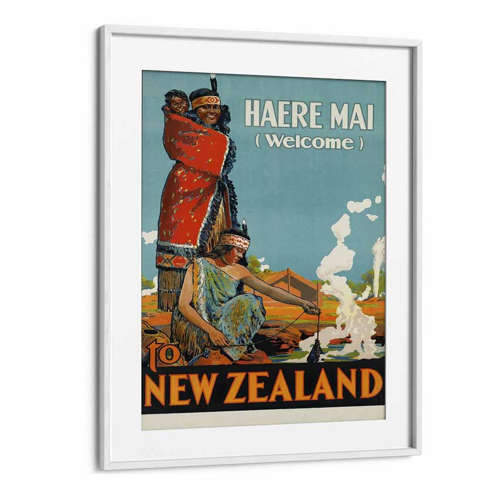 Haere Mai Welcome-to New Zealand  Travel Posters in White Frame With Mount