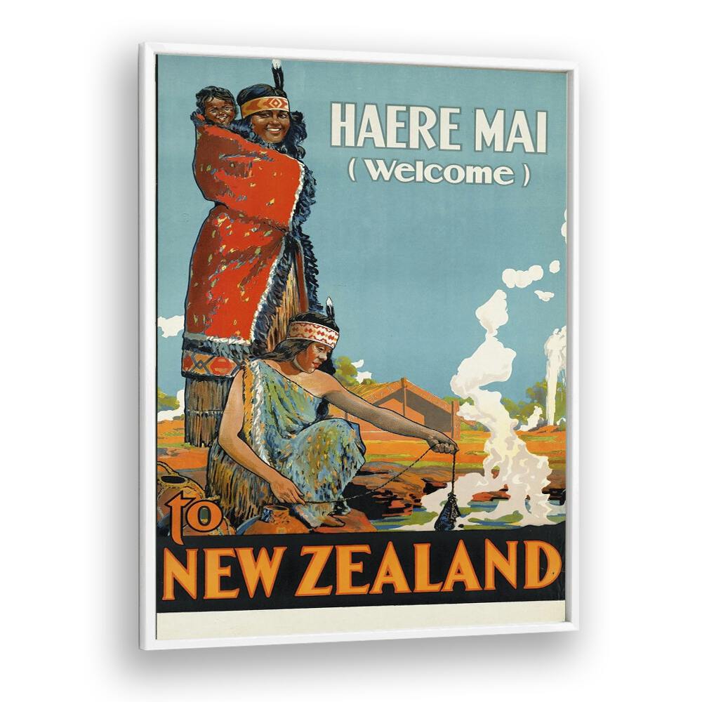 Haere Mai Welcome-to New Zealand  Travel Posters in White Plain Frame