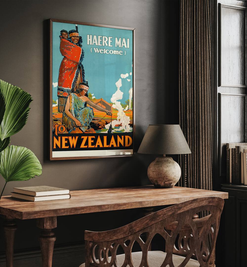 Haere Mai Welcome-to New Zealand  Travel Posters in Dark Wood Plain Frame placed on a wall behind a study table