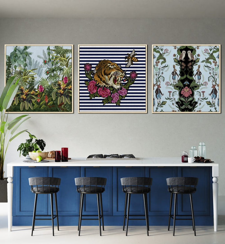 Hakuna Matata Set Set Of 3 Paintings in White Plain Frame placed on a wall behind a kitchen counter beside a plant