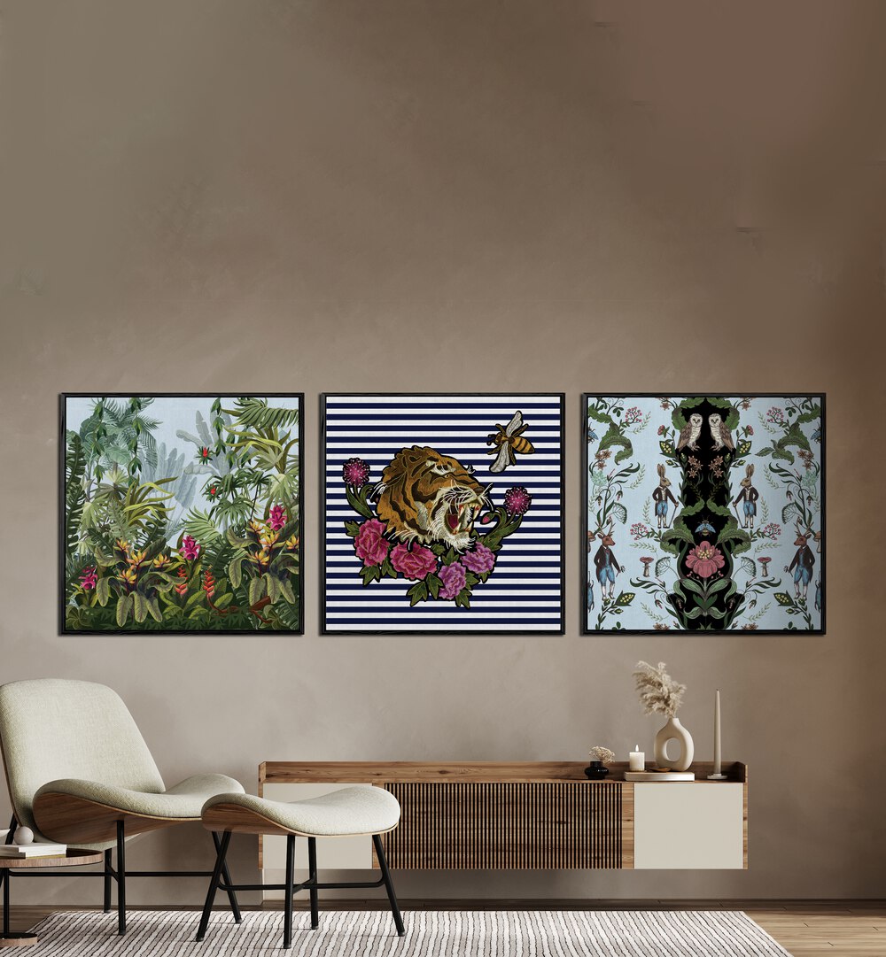 Hakuna Matata Set Set Of 3 Paintings in Black Plain Frame placed on a wall behind a console table