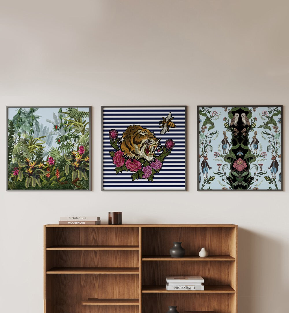 Hakuna Matata Set Set Of 3 Paintings in Black Plain Frame placed on a wall behind a console table