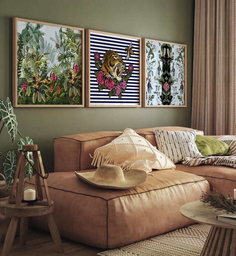 Hakuna Matata Set Set Of 3 Paintings in Oak Wood Plain Frame placed on a green wall behind a sofa for living room