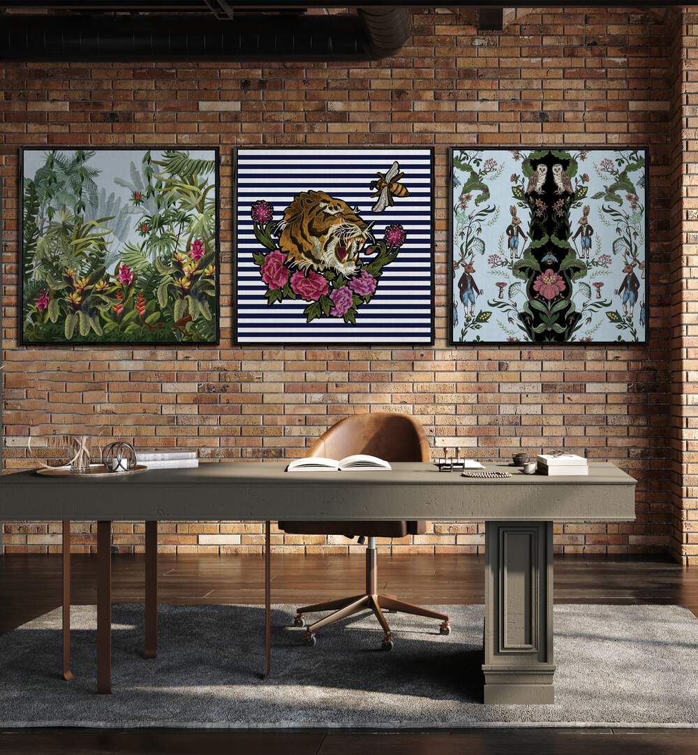 Hakuna Matata Set Set Of 3 Paintings in Black Plain Frame placed on a wall behind workstation