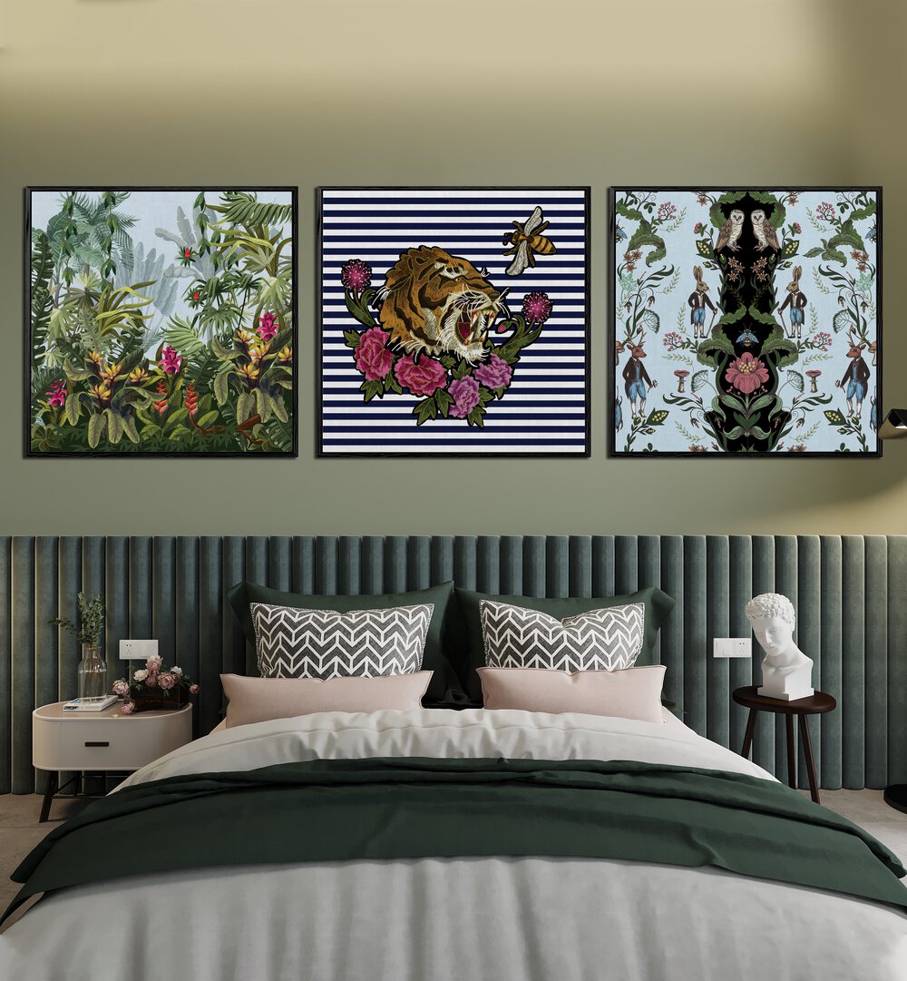 Hakuna Matata Set Set Of 3 Paintings in Black Plain Frame placed on a wall behind a bed for bedroom