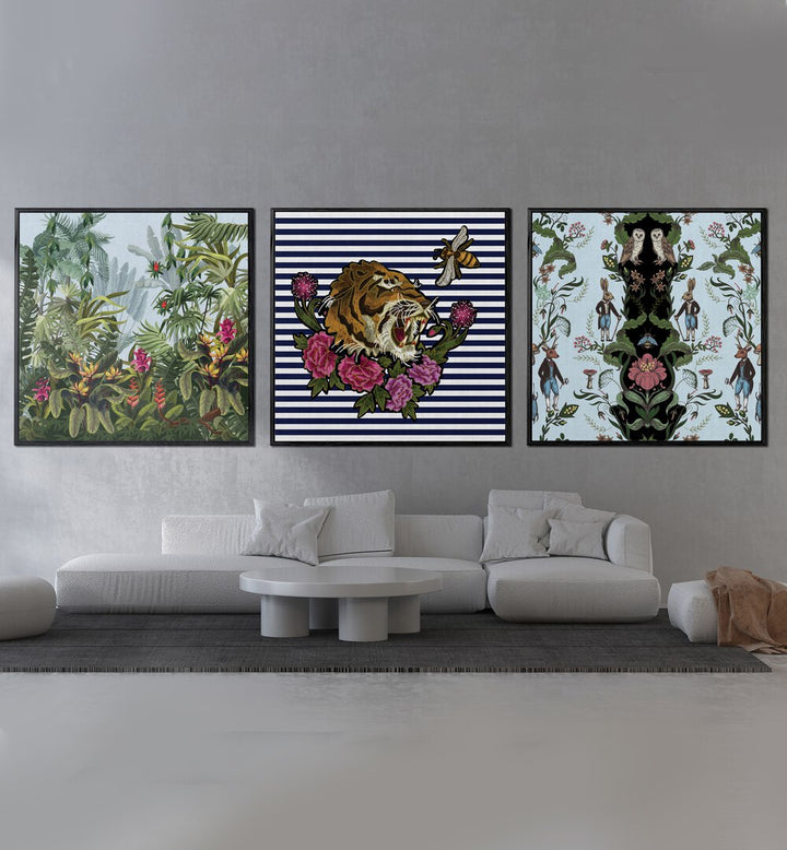 Hakuna Matata Set Set Of 3 Paintings in Black Plain Frame placed on a wall behind a white sofa 