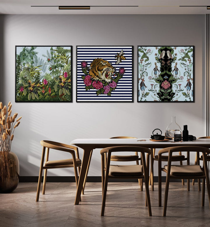 Hakuna Matata Set Set Of 3 Paintings in Black Plain Frame placed on a wall behind a dining table for dining area