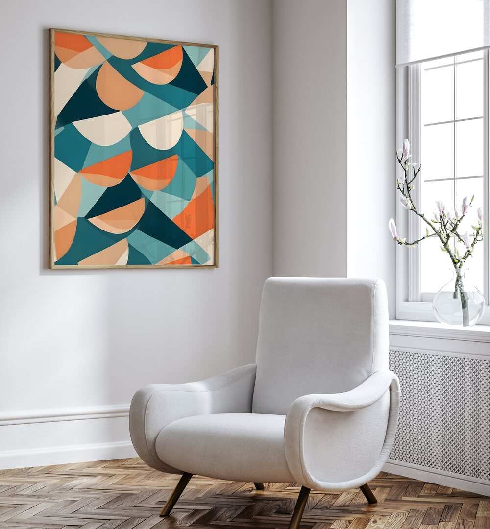 Half Cut By Uma Gokhale Abstract Art Print in Oak Wood Plain Frame beside a sofa on a white wall