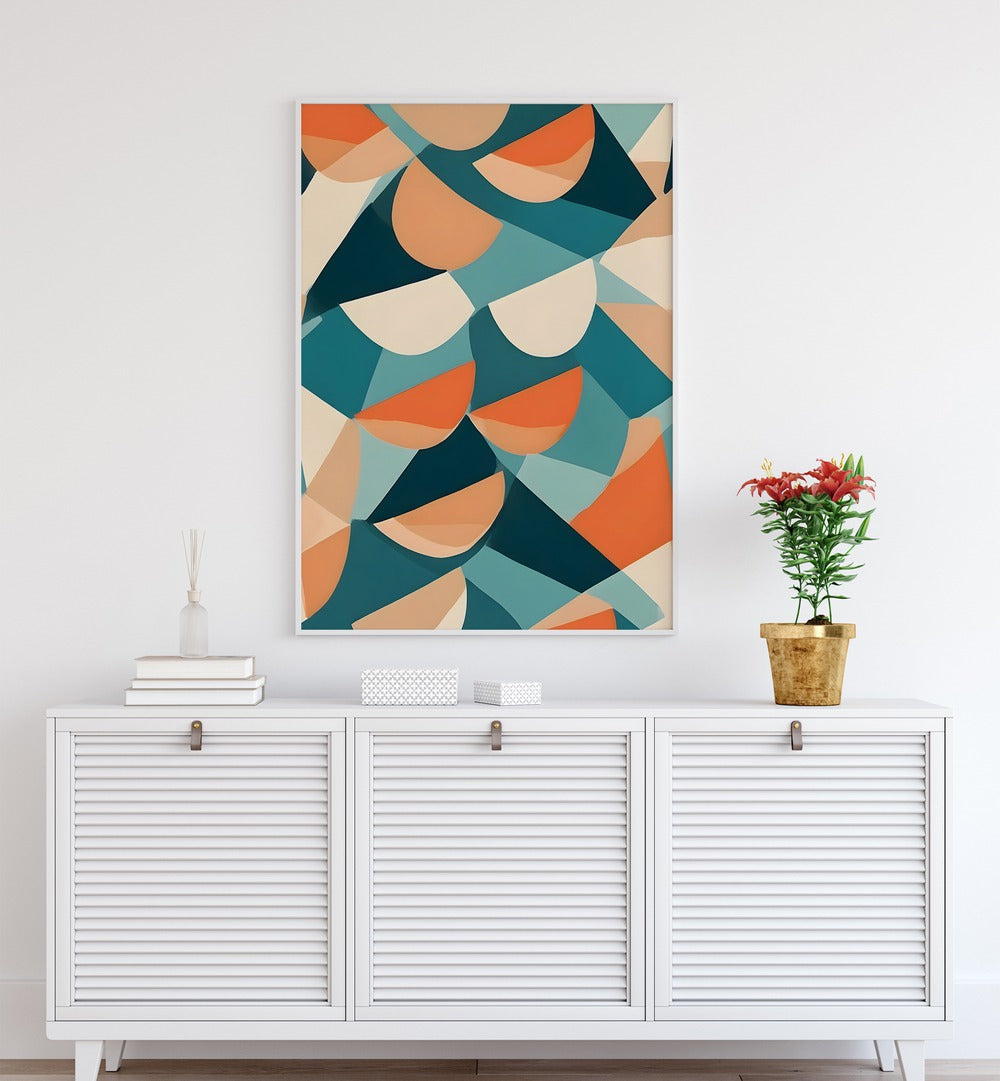 Half Cut By Uma Gokhale Abstract Art Print in White Plain Frame above a white console table on a wall