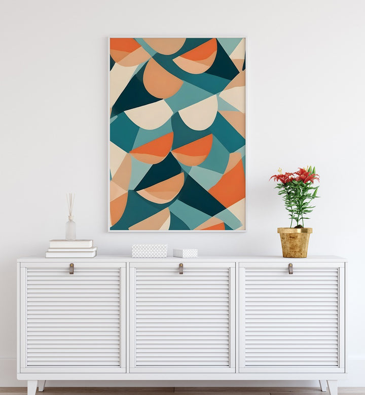 Half Cut By Uma Gokhale Abstract Art Print in White Plain Frame above a white console table on a wall