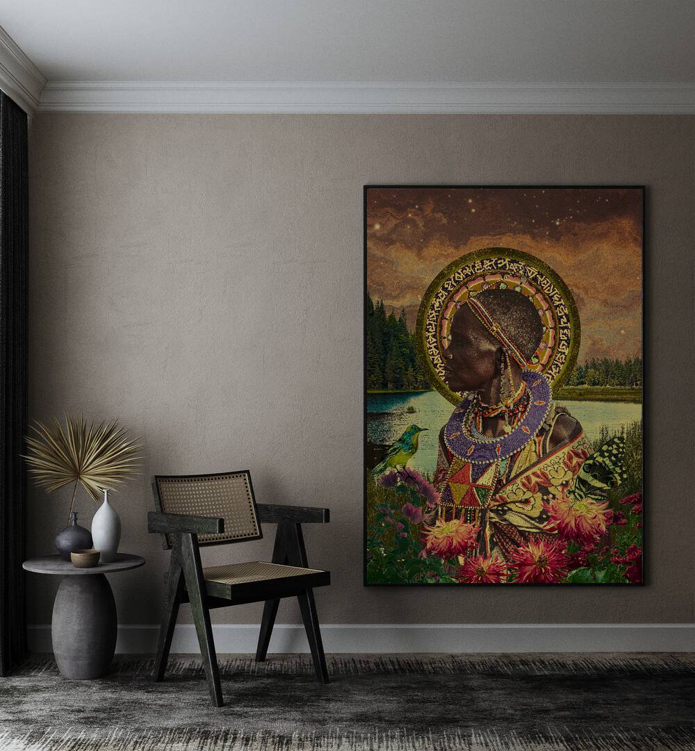 Halo By Cosmo Zach Surreal Art Prints Surrealism in Black Plain Frame placed on a wall beside a chair