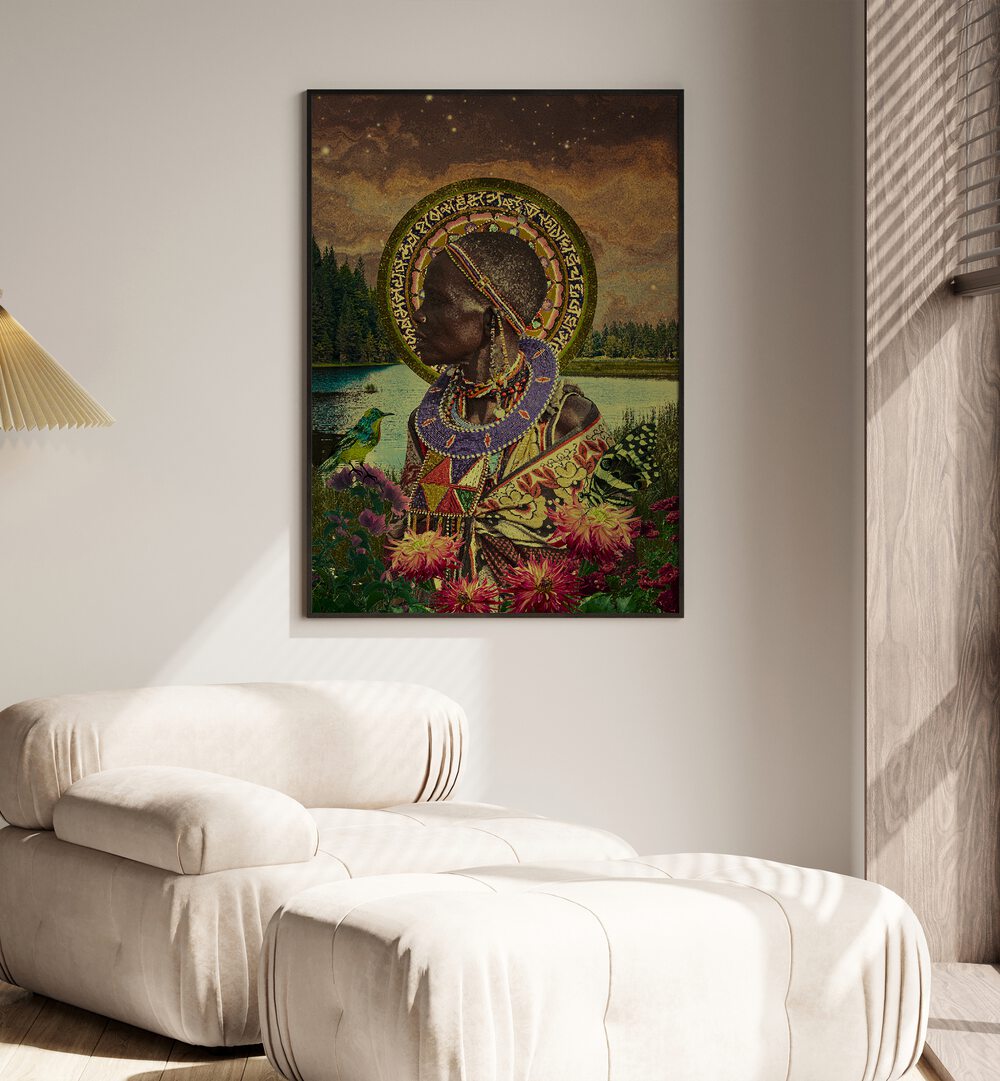 Halo By Cosmo Zach Surreal Art Prints Surrealism in Black Plain Frame placed on a wall behind a sofa