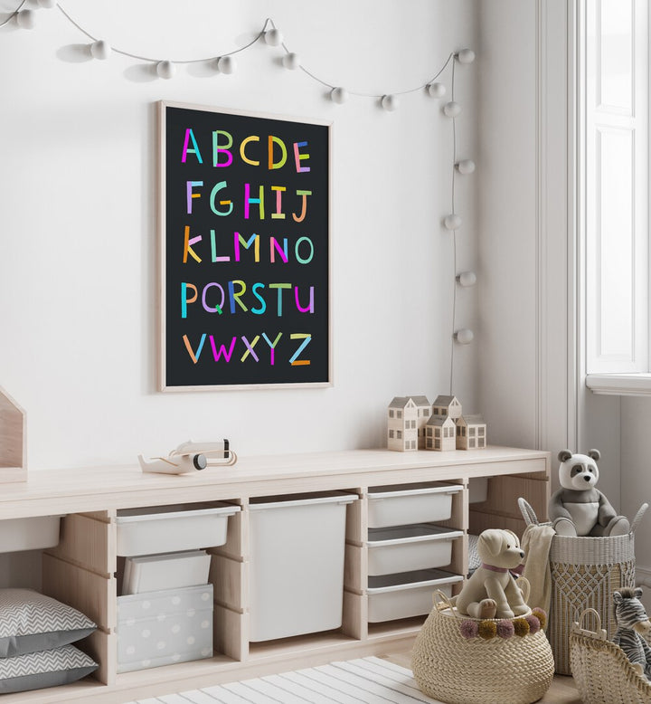 Hand Drawn Alphabet Letters On Black Background By Carla Daly Kids Painting  placed on a wall 