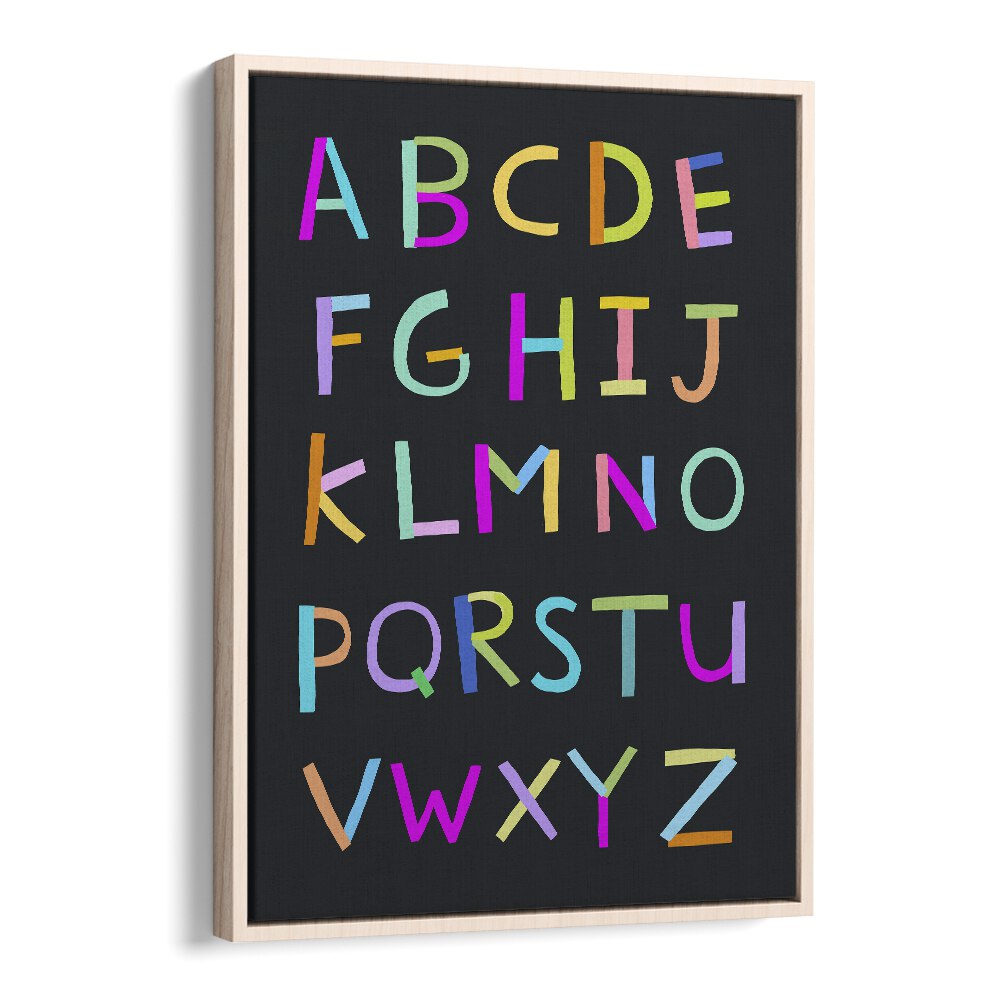 Hand Drawn Alphabet Letters On Black Background By Carla Daly Kids Painting in Oak Wood Floater Frame