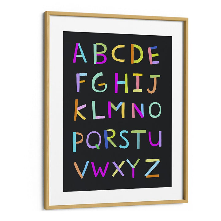 Hand Drawn Alphabet Letters On Black Background By Carla Daly Kids Painting in Oak Wood Frame With Mount