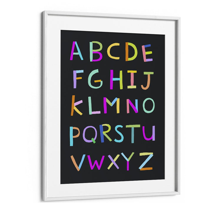 Hand Drawn Alphabet Letters On Black Background By Carla Daly Kids Painting in White Frame With Mount