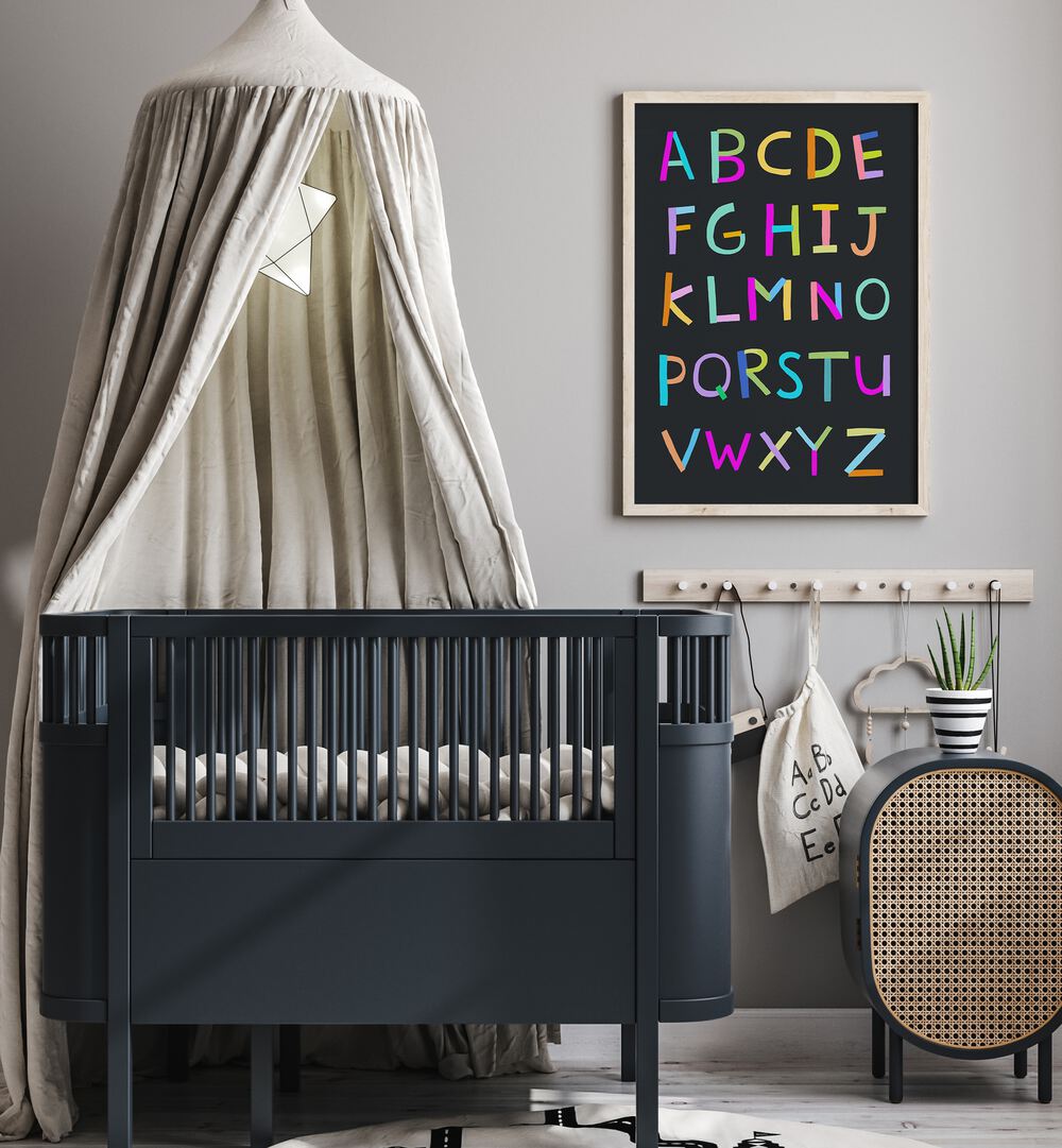 Hand Drawn Alphabet Letters On Black Background By Carla Daly Kids Painting  placed on a wall 