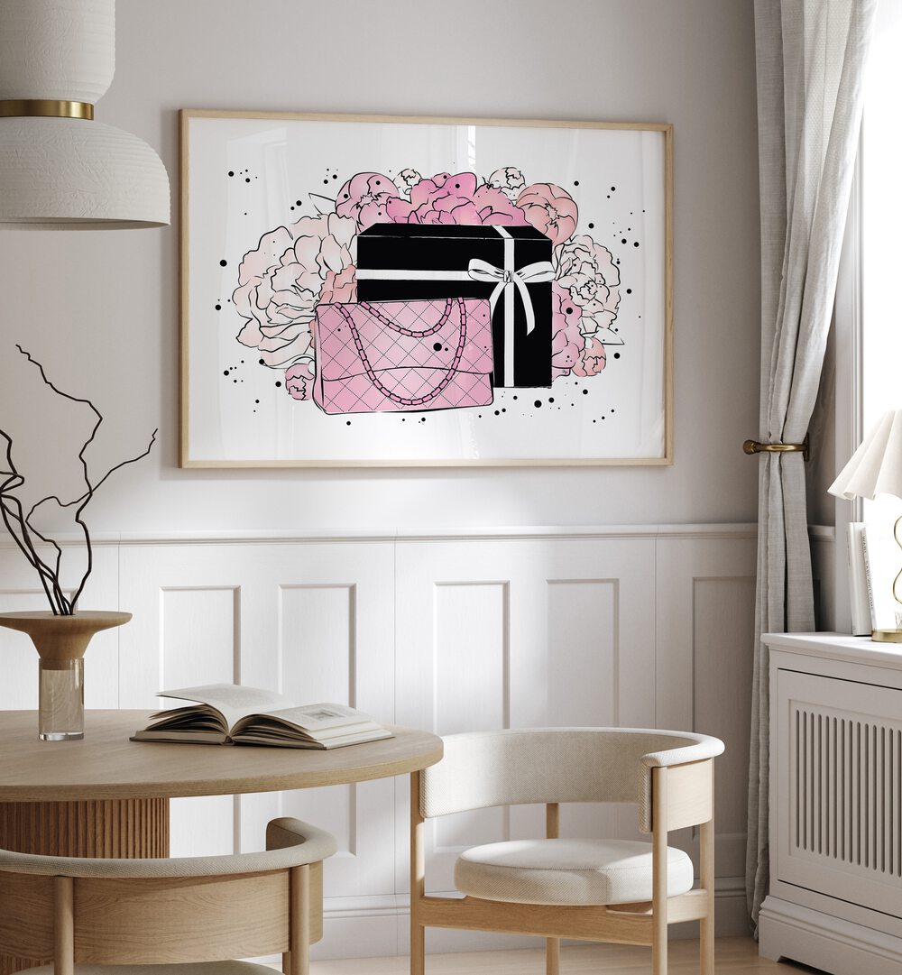 Handbag Peonies by Martina Fashion Paintings Fashion Posters  placed on wall 