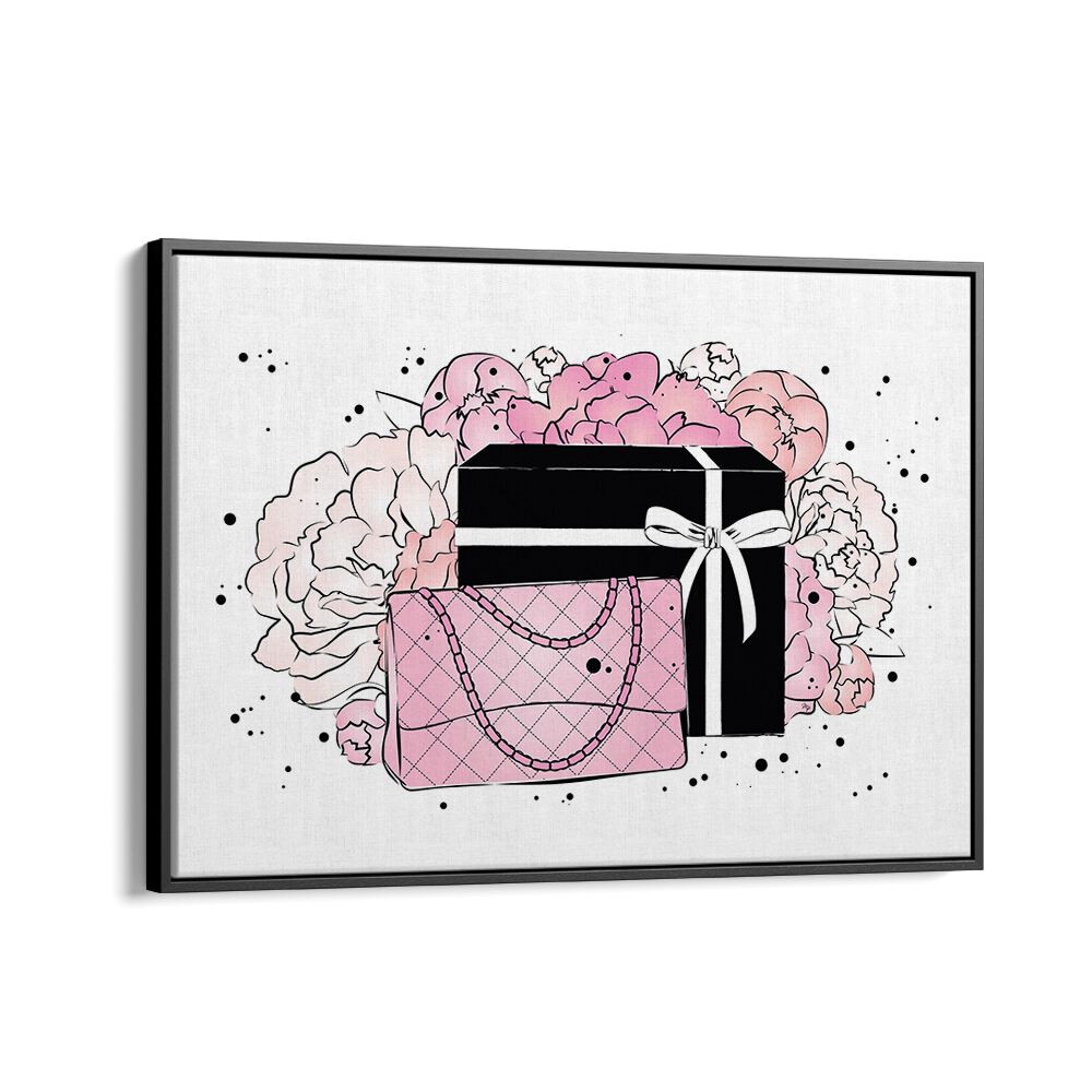 Handbag Peonies by Martina Fashion Paintings Fashion Posters in Black Floater Frame