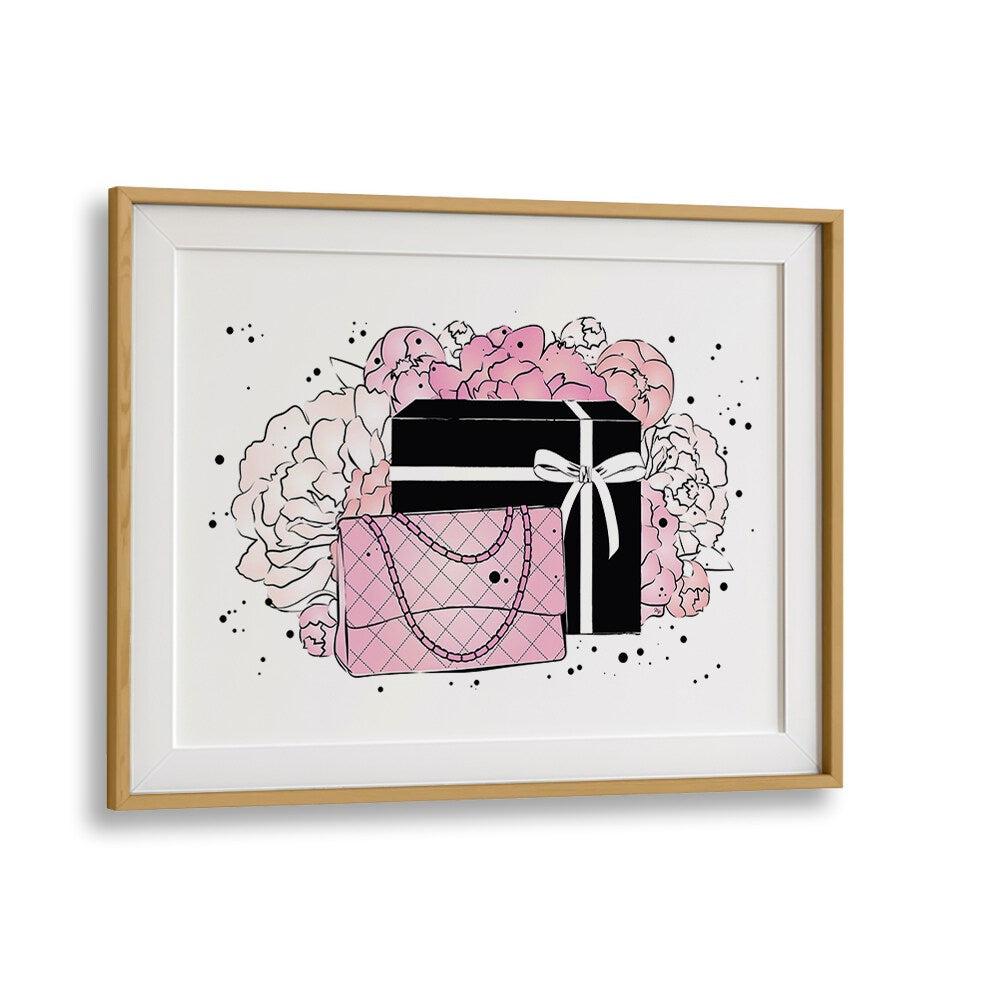 Handbag Peonies by Martina Fashion Paintings Fashion Posters in Oak Wood Frame With Mount