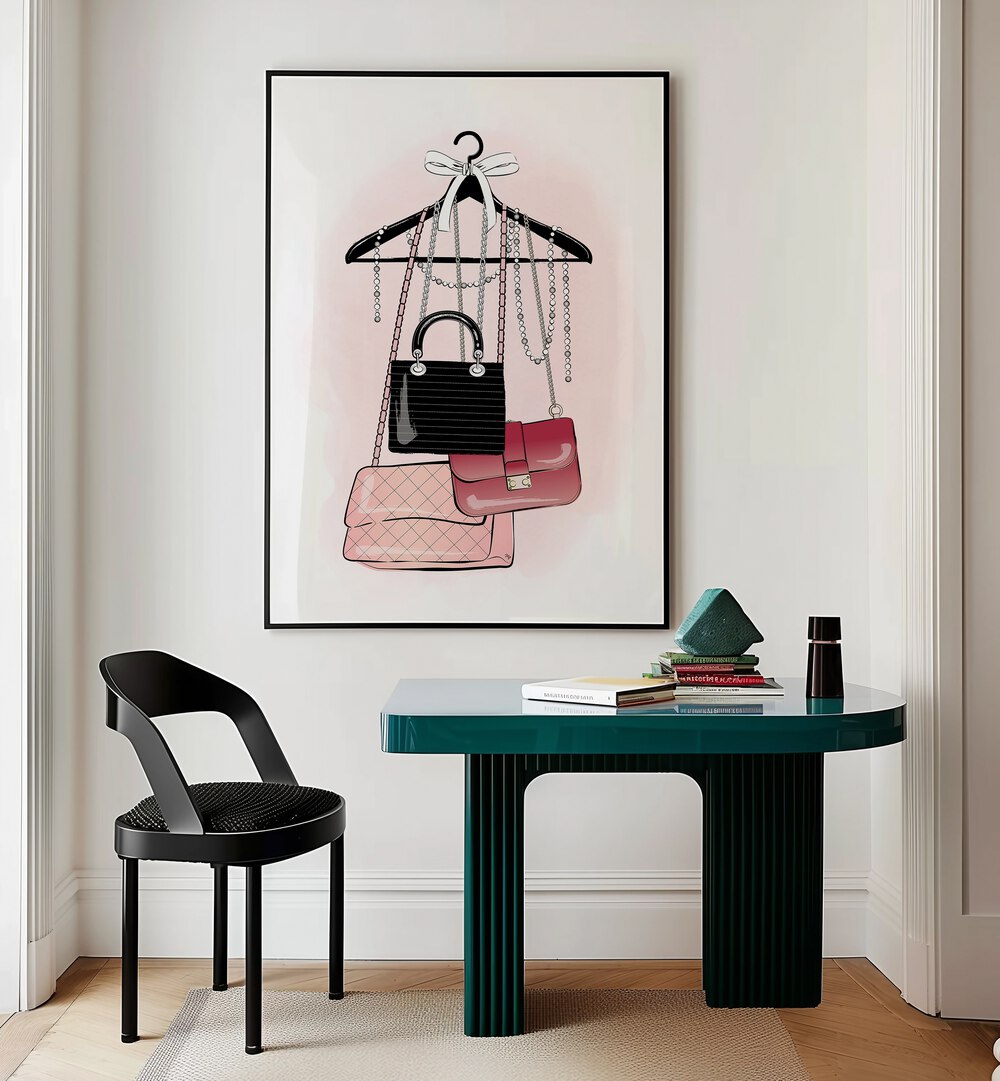 Handbag Stock by Martina Fashion Paintings Fashion Posters placed on wall near study table in a corner 