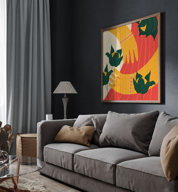 Hands by Shriya Bhattacharya Art Prints in Oak Wood Plain Frame behind a sofa for living room