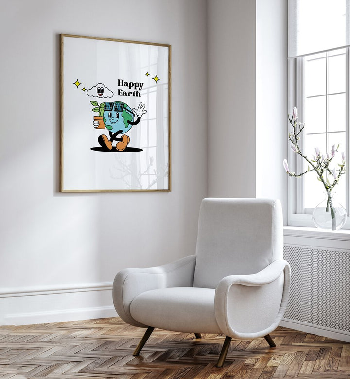 Happy Earth A Vibrant Ode To Nature Quotes and Typography Posters in Oak Wood Plain Frame placed on a chair